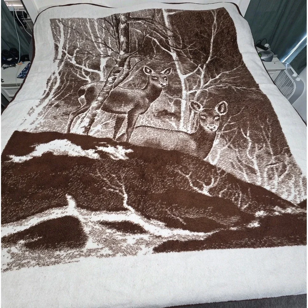 Vintage San Marcos Blanket Deer Fawn Wildlife Animal Reversible Mexican Cobija